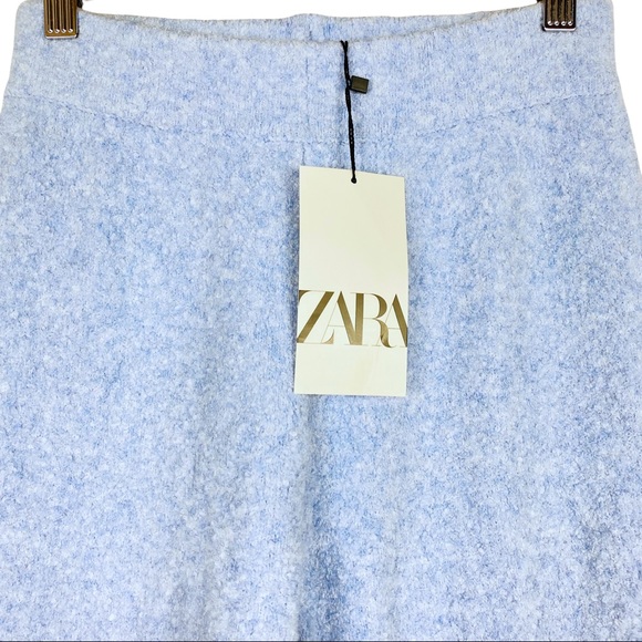 ZARA Wool High Waisted Wide Leg Textured Knit Pull On Trouser Lounge Pants Blue - Picture 14 of 16